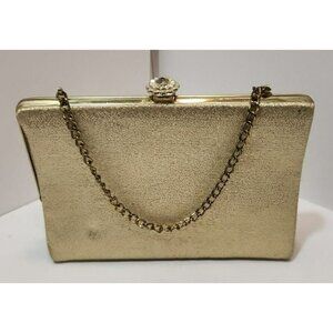 Vtg Textured Sparkly Gold Clutch Purse with Chain Black Interior